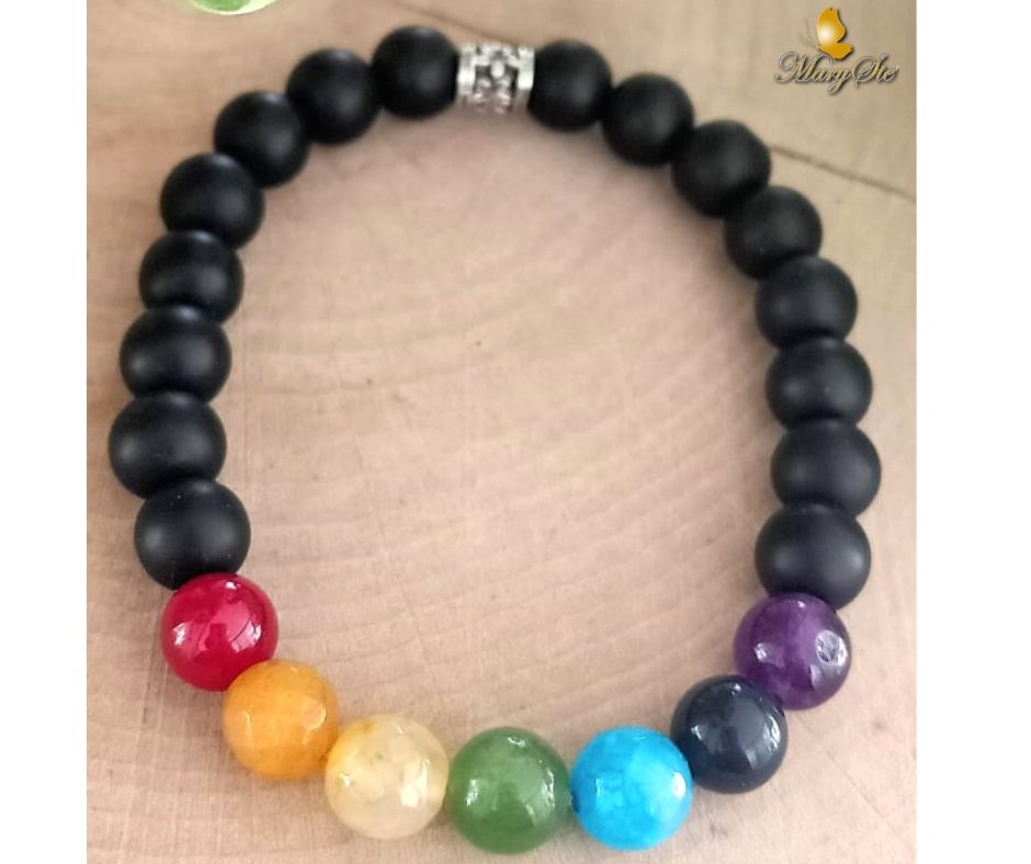 BRACCIALE ELASTICO CHAKRA IN AGATA E TORMALINA NERA - MARYSTE'