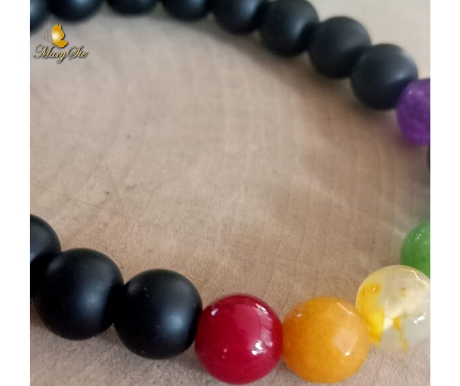 BRACCIALE ELASTICO CHAKRA IN AGATA E TORMALINA NERA - MARYSTE'